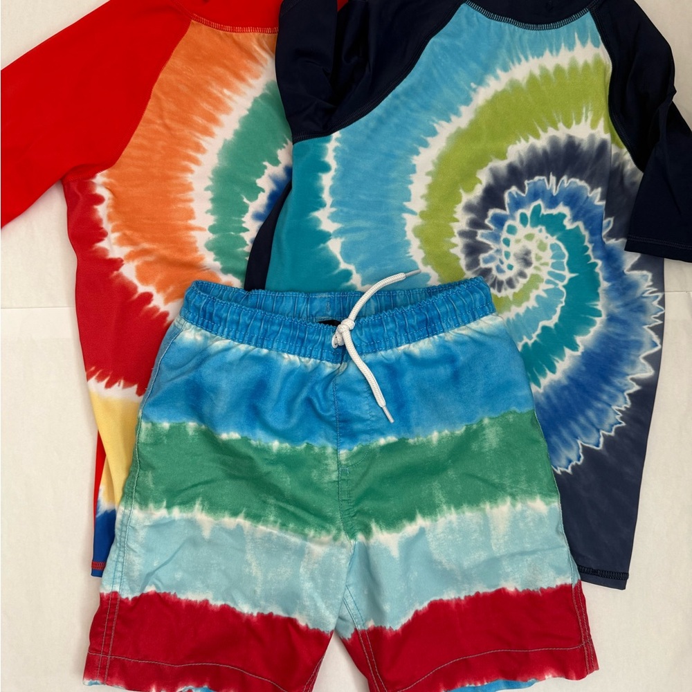 Lands' End Kids Tie-Dye swim shirts (2) & Swim Trunks